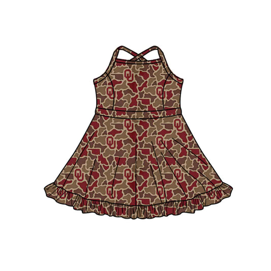 Preorder (moq 5)Baby Girls Strap Southern Red Camo OU Team Ruffle Knee Length Dresses 1.7