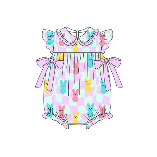Preorder (moq 5)Baby Girls Flutter Sleeve Colorful Rabbits Checked Bows Easter Ruffle Rompers 11.11