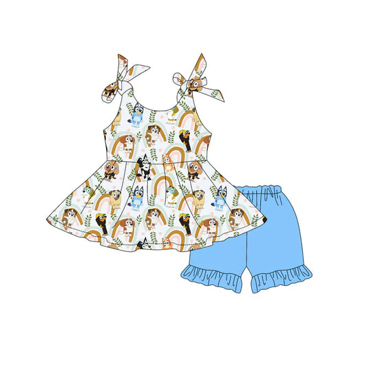 Preorder moq 5 Baby Girls Strap Cartoon Dogs Rainbows Tunic Blue Ruffle Short Set 4.19