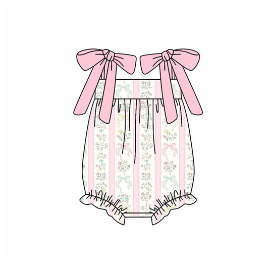 Preorder (moq 5)Baby Boys Pink Strap Bows Flowers Stripe Ruffle Rompers 10.21