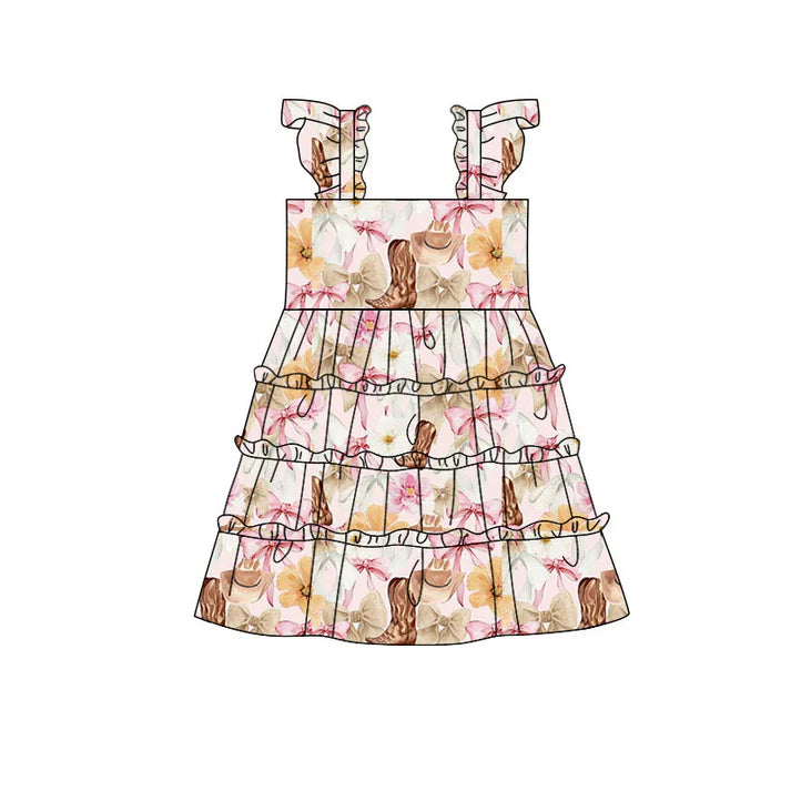 Preorder(moq 5) Baby Girls Flowers Boots Hats Western Patchwork Knee Length Dresses 10.29