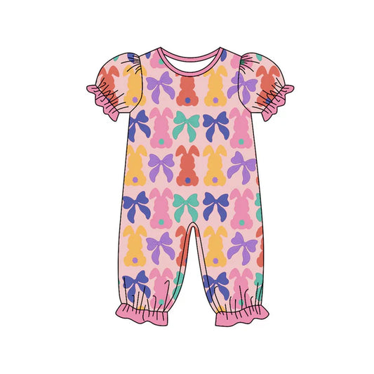 Preorder (moq 8)Baby Girls Colorful Bows Rabbits Easter Ruffle Footie Rompers 9.17