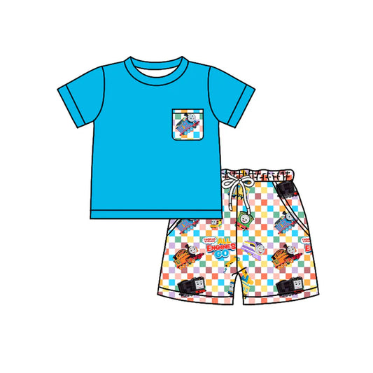 Preorder moq 5 Baby Boys Blue Short Sleeves Pocket Top Cartoon Trains Shorts Set 4.14