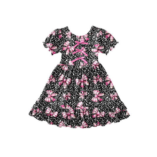 Preorder (moq 5)Baby Girls Black Leopard Pencil Bows Back to School Ruffle Knee Length Dress 12.26