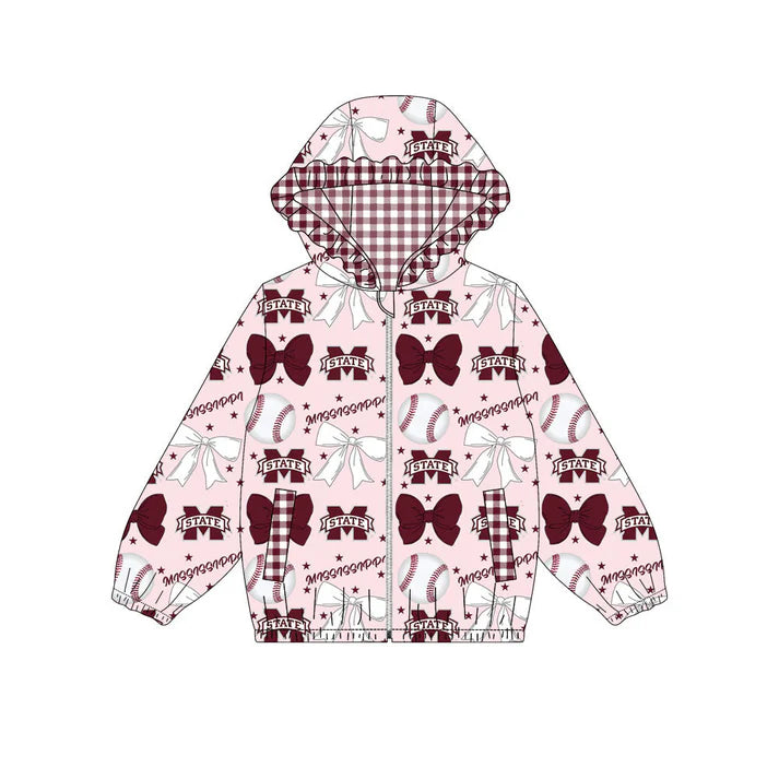 Preorder(moq 5)Baby Girls Bows M State Baseballs Pocket Zipper Team Ruffle Hoodies Jackets 10.16