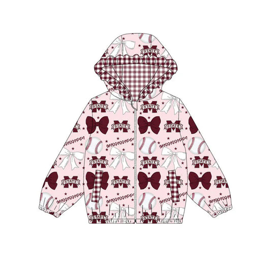 Preorder(moq 5)Baby Girls Bows M State Baseballs Pocket Zipper Team Ruffle Hoodies Jackets 10.16