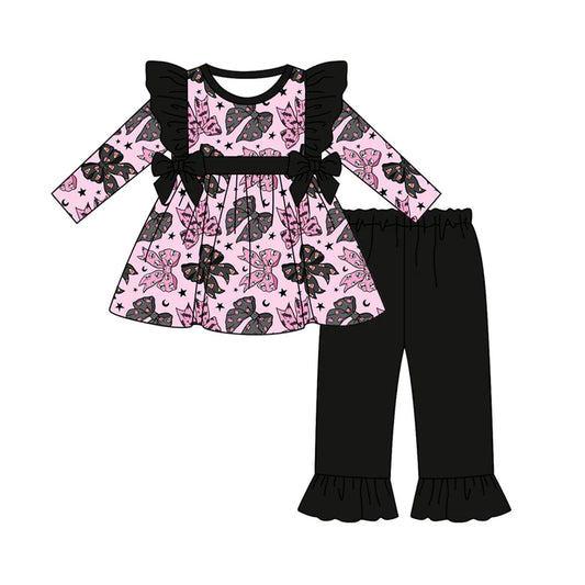 Preorder (moq 5)Baby Girls Long Sleeves Pink Black Bows Stars Tunic Ruffle Pant Sets 6.18