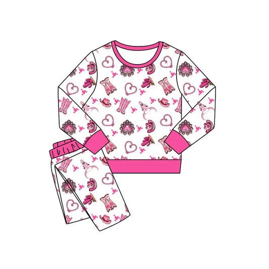 Preorder(moq 5) Baby Girls Cactus Boots Hearts Pants Western Pajamas Sets 11.8