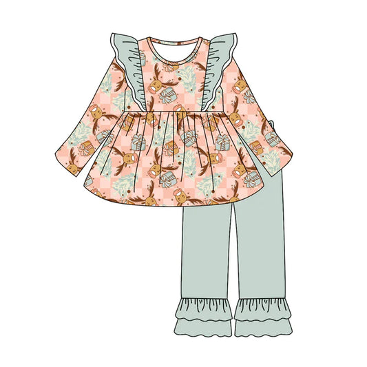 Preorder (moq 5)Baby Girls Long Sleeves Deer Trees Plaid Tunic Ruffle Pant Sets 6.23