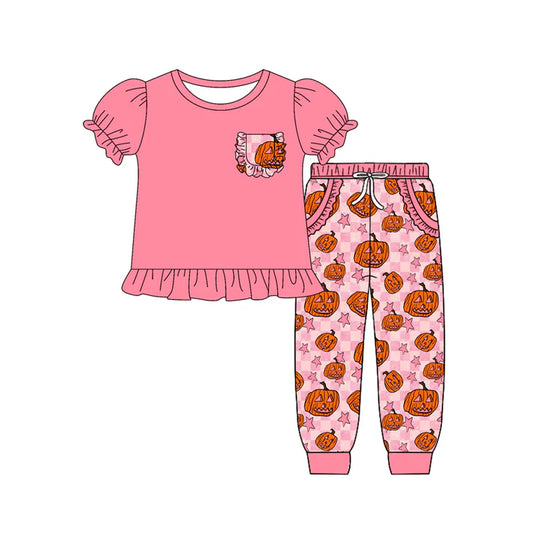 Preorder (moq 5)Baby Girls Short Ruffle Sleeves Pocket Top Pumpkins Plaid Legging Pants Set 5.20