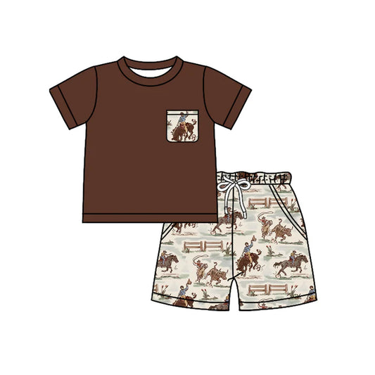 Preorder moq 5 Baby Boys Dark Brown Sleeves Pocket Top Horse Rodeos Short Set 4.17