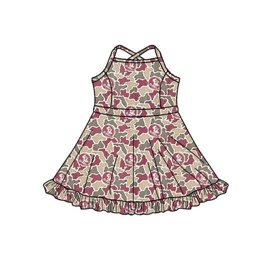 Preorder (moq 5)Baby Girls Strap Southern Red Camo Team Ruffle Knee Length Dresses 1.7
