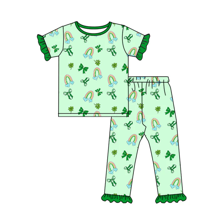 Preorder (moq 5)Baby Girls Clovers Rainbows Top Ruffle Pants St Patrick Pajamas Set 12.18