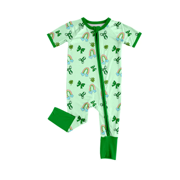 Preorder (moq 5)Baby Girls Rainbows Clovers St Patrick Two Way Zip Convertible Rompers 12.18