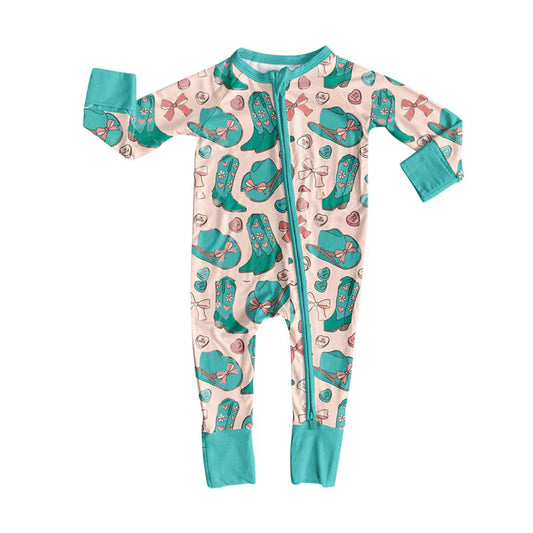 Preorder (moq 8)Baby Girls Hats Boots Hearts Western Zipper Footie Rompers 10.1