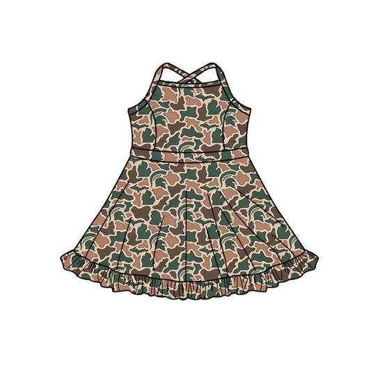 Preorder (moq 5)Baby Girls Strap Southern Green Camo Team Ruffle Knee Length Dresses 1.7