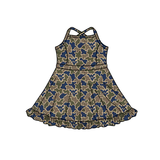 Preorder (moq 5)Baby Girls Strap Southern Navy Camo WV Team Ruffle Knee Length Dress 1.7