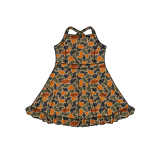 Preorder (moq 5)Baby Girls Strap Southern Orange Camo OSU Team Ruffle Knee Length Dress 1.7