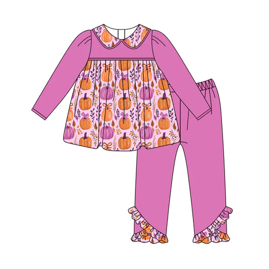 Preorder (moq 5)Baby Girls Hot Pink Long Sleeves Floral Pumpkins Tunic Legging Ruffle Pant Set 5.27