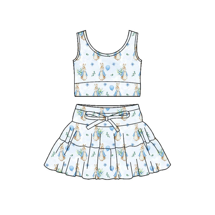 Preorder (moq 5)Baby Girls Sleeveless Blue Rabbits Flowers Vest Skirt Shorts Easter Clothes Set 1.5
