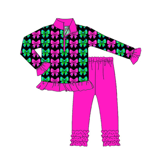 Preorder (moq 5)Baby Girls Long Ruffle Sleeves Colorful Bows Plaid Zipper Top Legging Pants Set 7.28