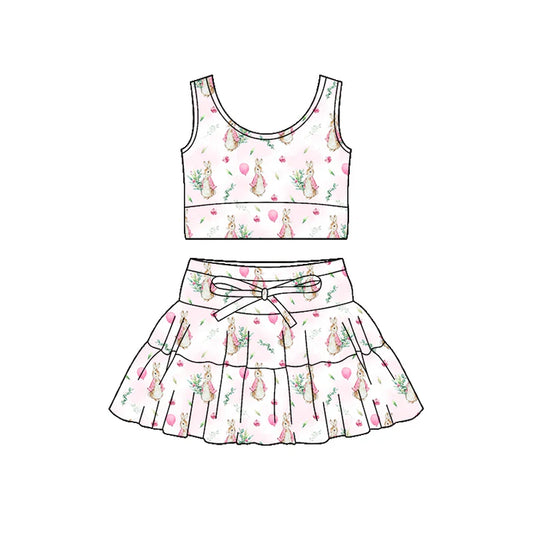 Preorder (moq 5)Baby Girls Sleeveless Pink Rabbits Flowers Vest Skirt Shorts Easter Clothes Set 1.2