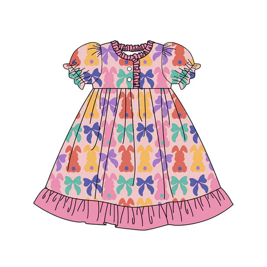 Preorder (moq 8)Baby Girls Colorful Bows Rabbits Easter Button Ruffle Knee Length Dresses 9.17