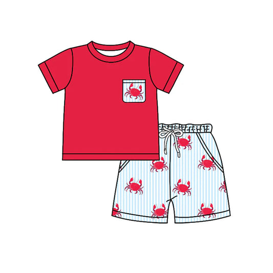 Preorder (moq 5)Baby Boys Red Shirt Crabs Stripe Pockets Shorts Clothes Set 12.18