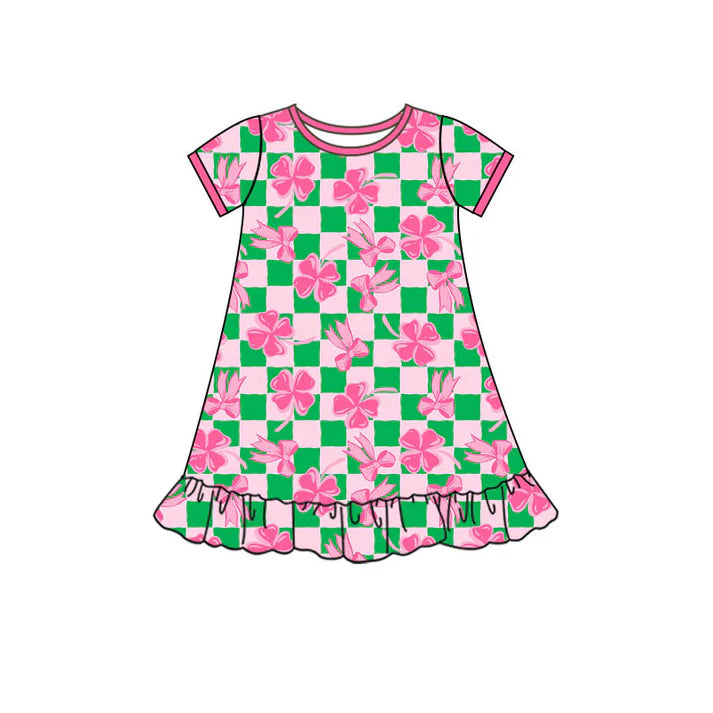 Preorder(moq 5) Baby Girls Bows Clovers Checked St Patrick Ruffle Knee Length Dresses 10.30