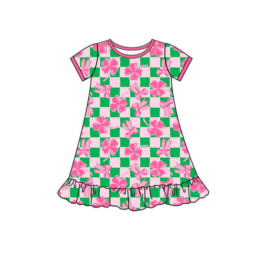 Preorder(moq 5) Baby Girls Bows Clovers Checked St Patrick Ruffle Knee Length Dresses 10.30
