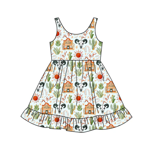 Preorder (moq 5)Baby Girls Bull Skulls Cactus Western Ruffle Knee Length Dresses 12.13