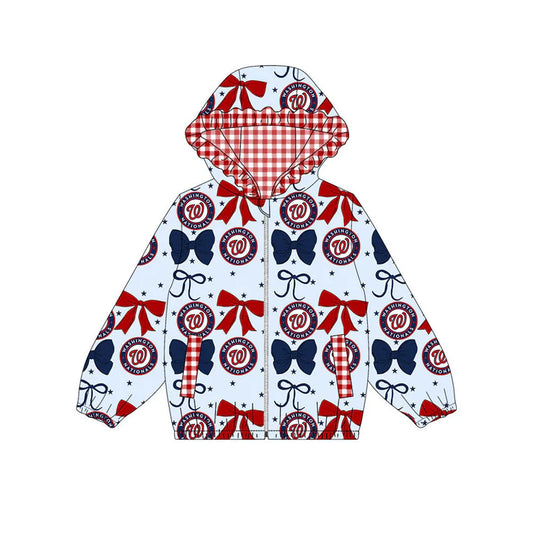 Preorder(moq 5)Baby Girls Blue Red Bows Washington W Pocket Zipper Team Ruffle Hoodies Jackets 10.16