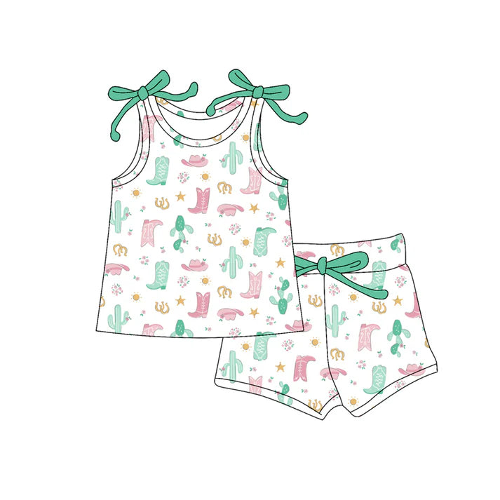 Preorder (moq 5)Baby Girls Boots Hats Cactus Top Shorts Western Clothes Set 12.18