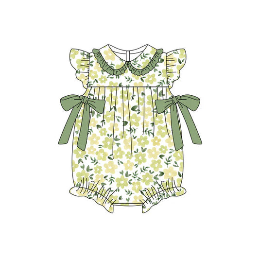 Preorder (moq 5)Baby Girls Flutter Sleeve Green Flowers Bows Ruffle Rompers 11.11