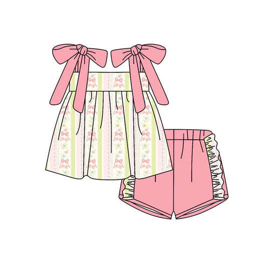 Preorder(moq 5) Baby Girls Peach Strap Bows Flowers Stripe Tunic Ruffle Shorts Clothes Sets 10.21