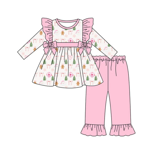 Preorder (moq 5)Baby Girls Long Sleeves Pink Bows Gingerbread Tunic Ruffle Pant Sets 6.18