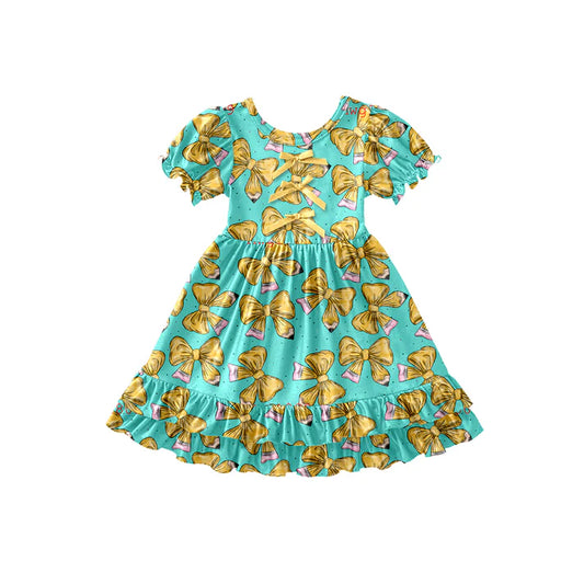 Preorder (moq 5)Baby Girls Pencil Bows Back to School Ruffle Knee Length Dresses 12.26