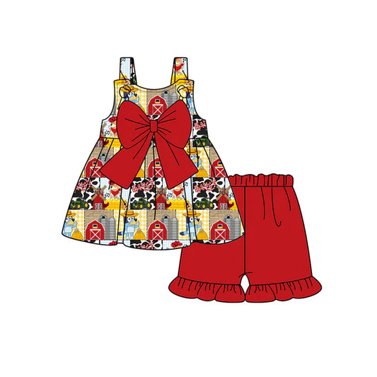 Preorder moq 5 Baby Girls Strap Cartoon Dogs House Cows Tunic Red Ruffle Short Farm Set 4.19