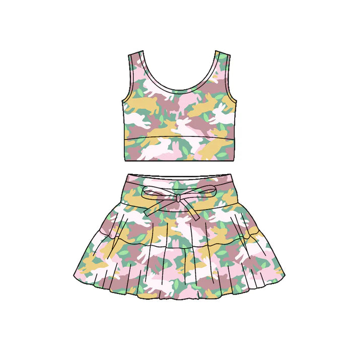Preorder (moq 5)Baby Girls Sleeveless Rabbits Camo Vest Skirt Shorts Easter Clothes Set 1.2