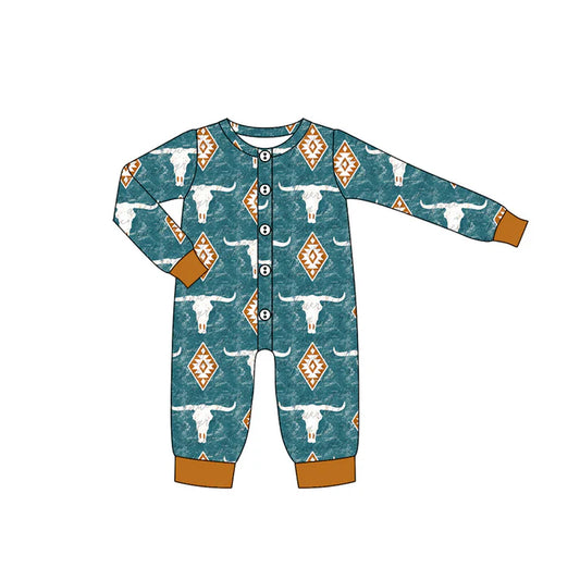 Preorder (moq 5)Baby Boys Western Cow Aztec Buttons Long Sleeves Rompers 6.9