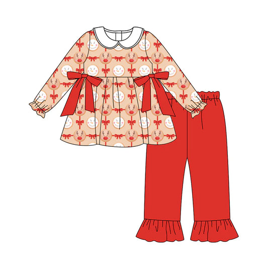 Preorder (moq 5)Baby Girls Christmas Reindeer Bows Tunic Top Ruffle Pants Outfits Sets 8.11