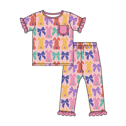 Preorder (moq 8)Baby Girls Colorful Bows Rabbits Top Ruffle Pants Easter Pajamas Sets 9.17
