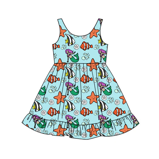 Preorder (moq 5)Baby Girls Cartoon Mermaid Fishes Ruffle Knee Length Dresses 12.13
