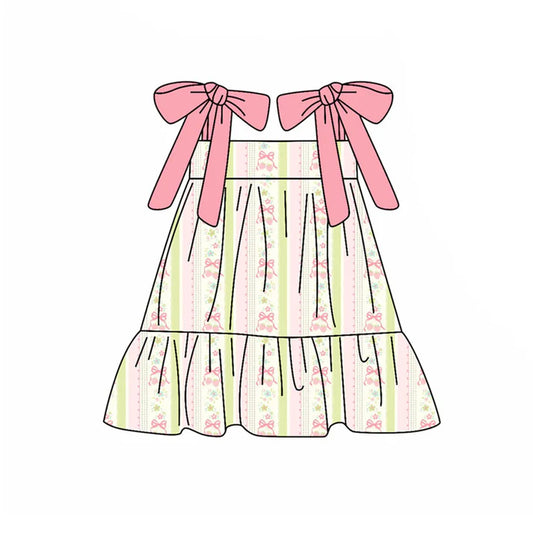 Preorder(moq 5) Baby Girls Peach Strap Bows Flowers Stripe Ruffle Knee Length Dresses 10.21
