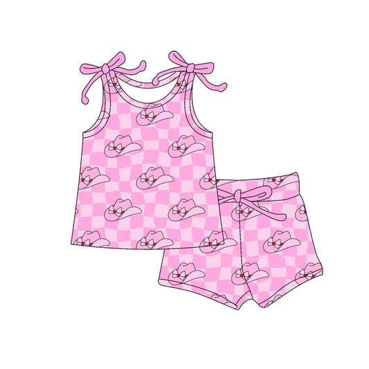 Preorder (moq 5)Baby Girls Pink Checked Bow Hats Top Shorts Western Clothes Set 12.18