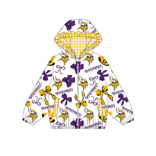Preorder(moq 5)Baby Girls Yellow Purple Bows Vikings Pocket Zipper Team Ruffle Hoodies Jackets 10.16
