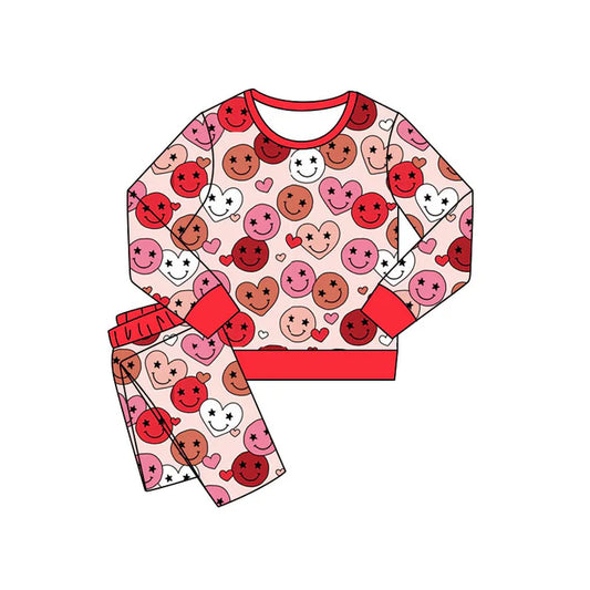 Preorder(moq 5) Baby Girls Pink Hearts Smiles Plaid Pants Valentines Pajamas Sets 11.8