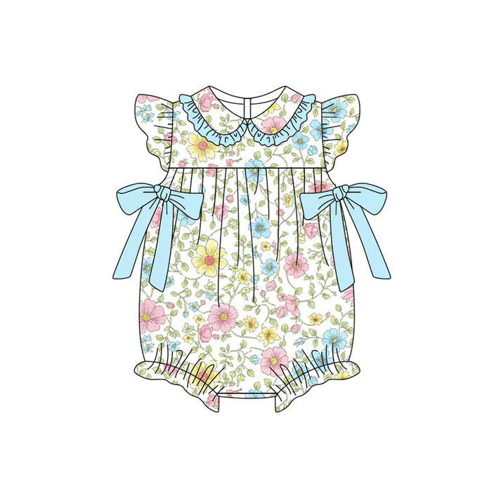 Preorder (moq 5)Baby Girls Flutter Sleeve Blue Pink Flowers Bows Ruffle Rompers 11.11