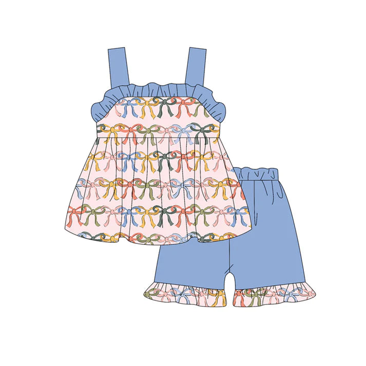 Preorder moq 5 Baby Girls Blue Strap Colorful Bows Tunic Ruffle Short Set 4.19
