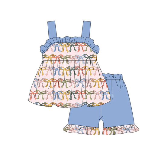 Preorder moq 5 Baby Girls Blue Strap Colorful Bows Tunic Ruffle Short Set 4.19